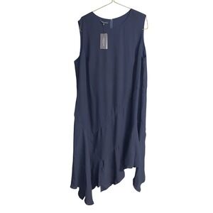 Lafayette 148‎ New York Navy 100% Silk Asymmetrical Midi Dress 3X Back Zip $848